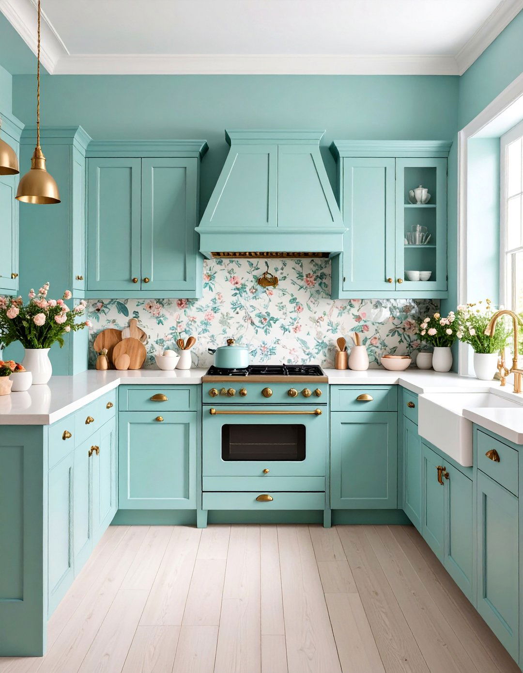 Mint Green Cottage Kitchen with Floral Patterns - 25 Mint Kitchen Decor Ideas