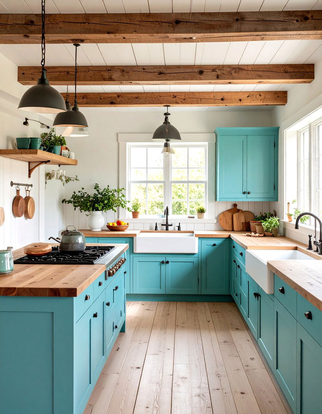 Mint Green Farmhouse Kitchen with Exposed Beams - 25 Mint Green Kitchen Ideas