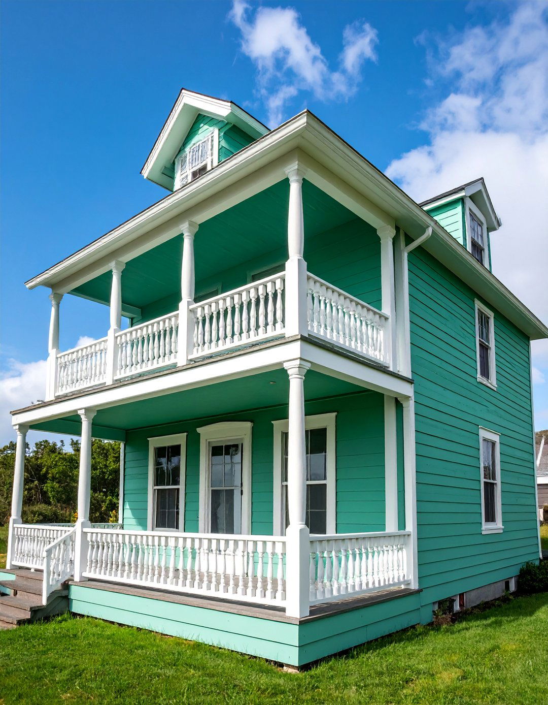 Mint Green Farmhouse with Balcony Above Porch - 25 Farmhouse Green Exterior Home Ideas