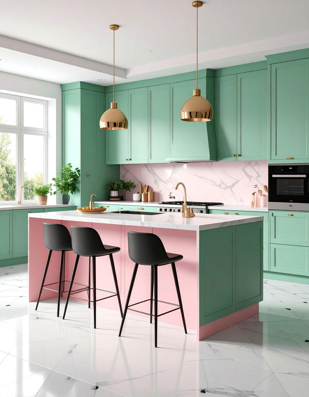 Mint Green Flat Panel Cabinets with Pink Accents - 25 Mint Kitchen Decor Ideas