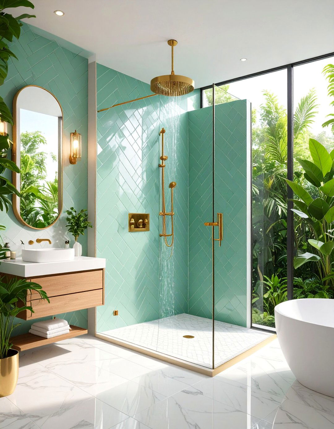 Mint Green Herringbone Pattern Shower Design - 25 Mint Green Bathroom Ideas