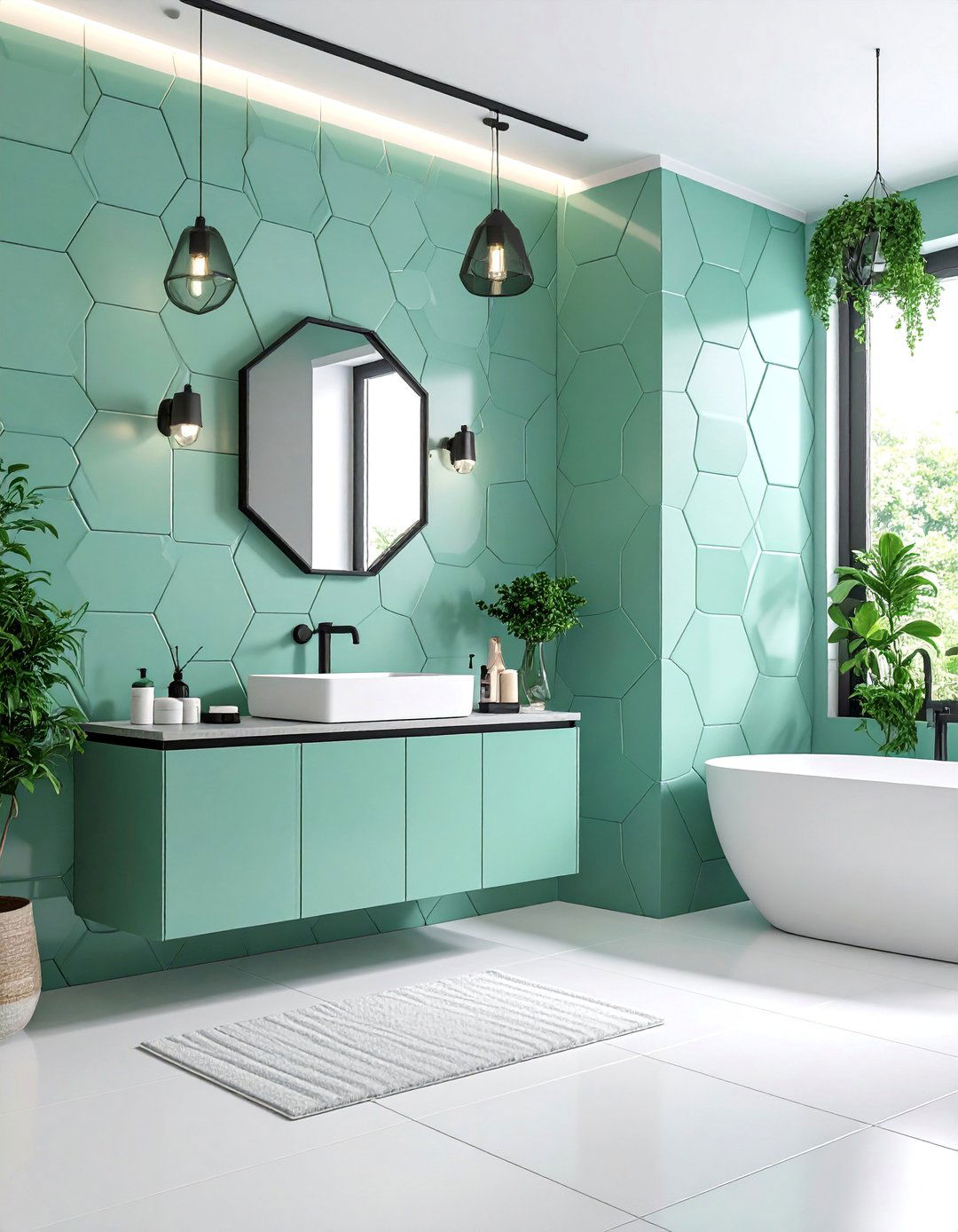 Mint Green Hexagon Tile Feature Wall - 25 Mint Green Bathroom Ideas