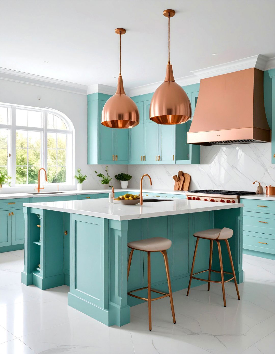 Mint Green Island with Copper Waterfall Countertop - 25 Green and Copper Kitchen Ideas
