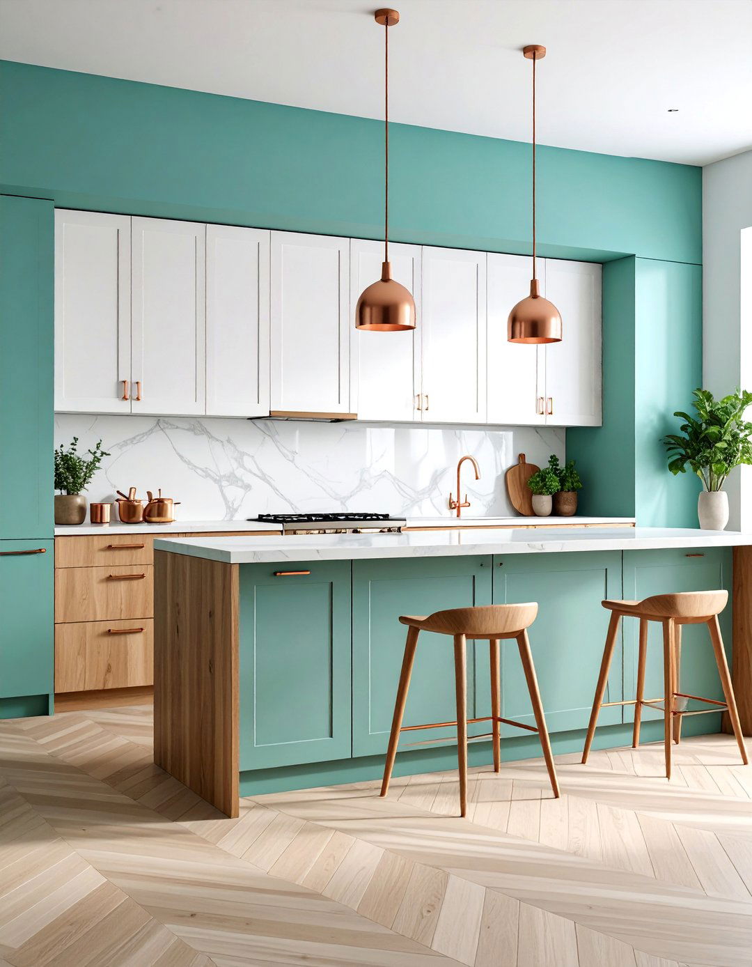 Mint Green Kitchen Half Wall with White Cabinets - 25 Green Accent Wall Ideas
