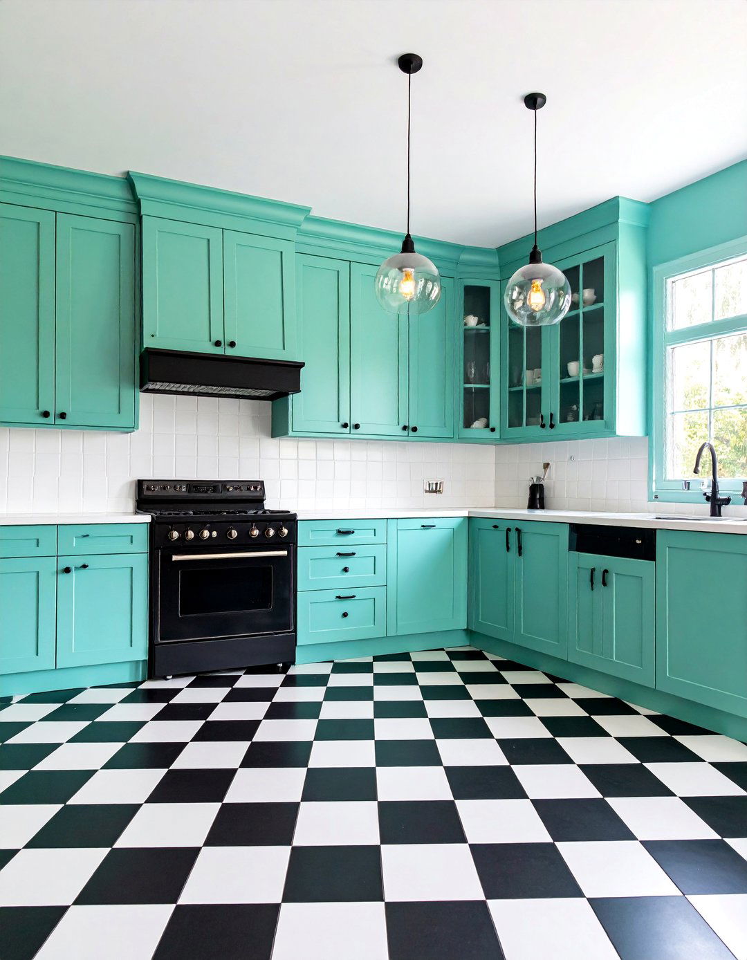 Mint Green Kitchen with Black Accents and Checkerboard Floor - 25 Mint Green Kitchen Ideas