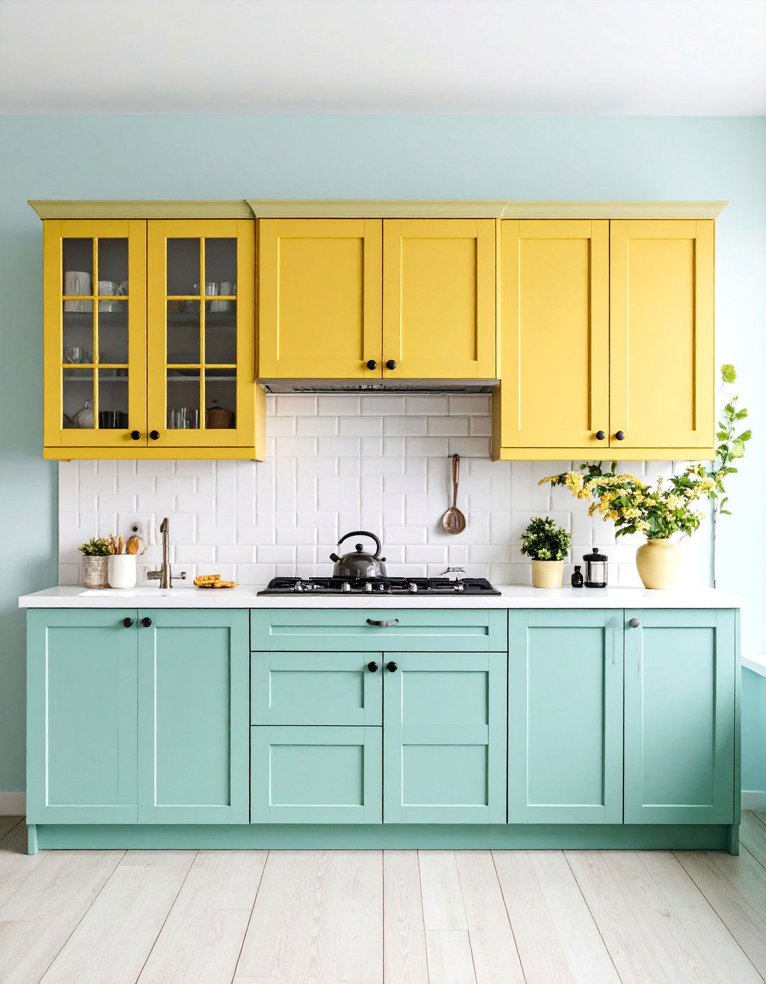 Mint Green Lower Cabinets with Lemon Yellow Upper Cabinets - 25 Green and Yellow Kitchen Ideas