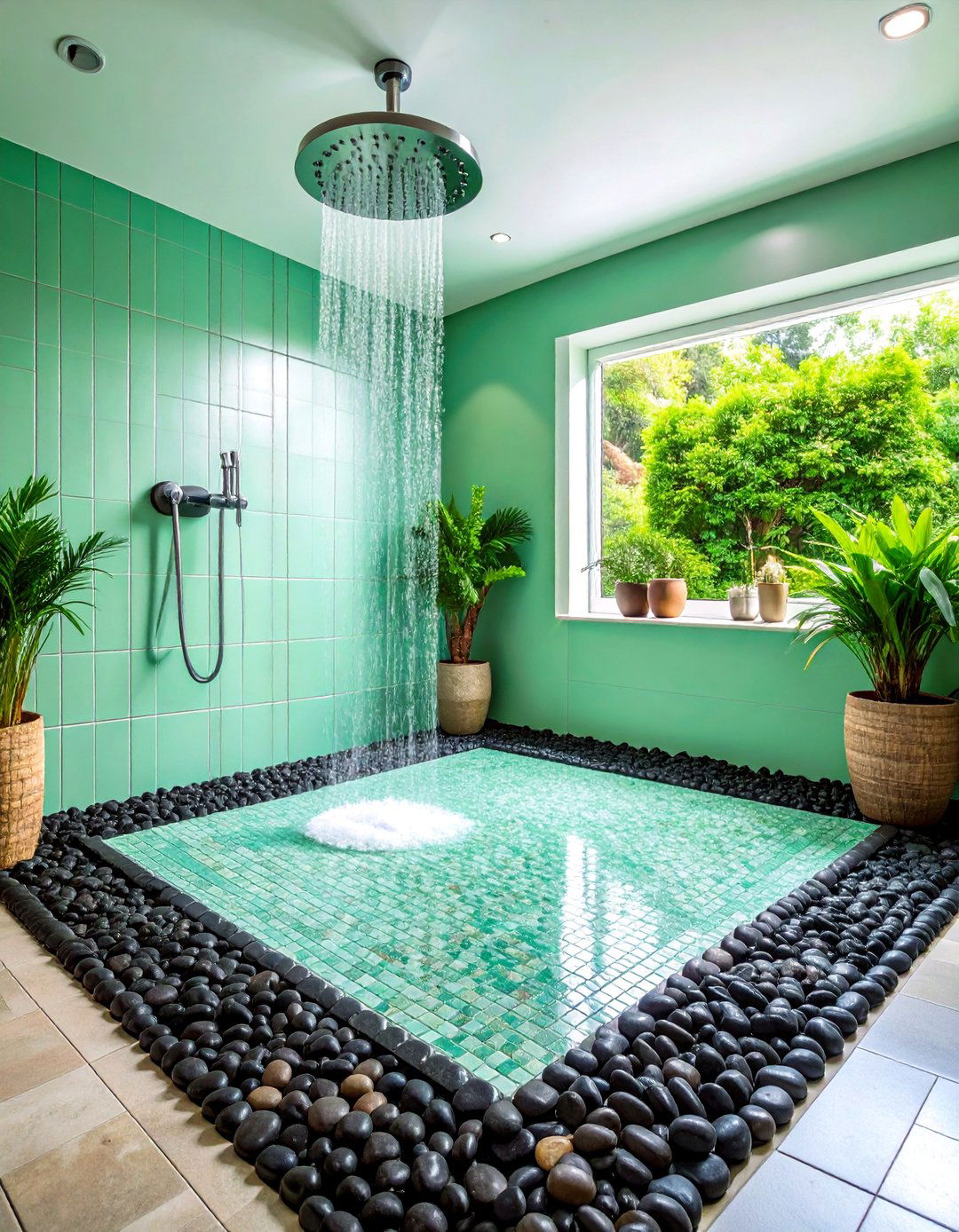 Mint Green Mosaic Shower Floor with Black Pebble Border - 25 Black and Green Bathroom Ideas