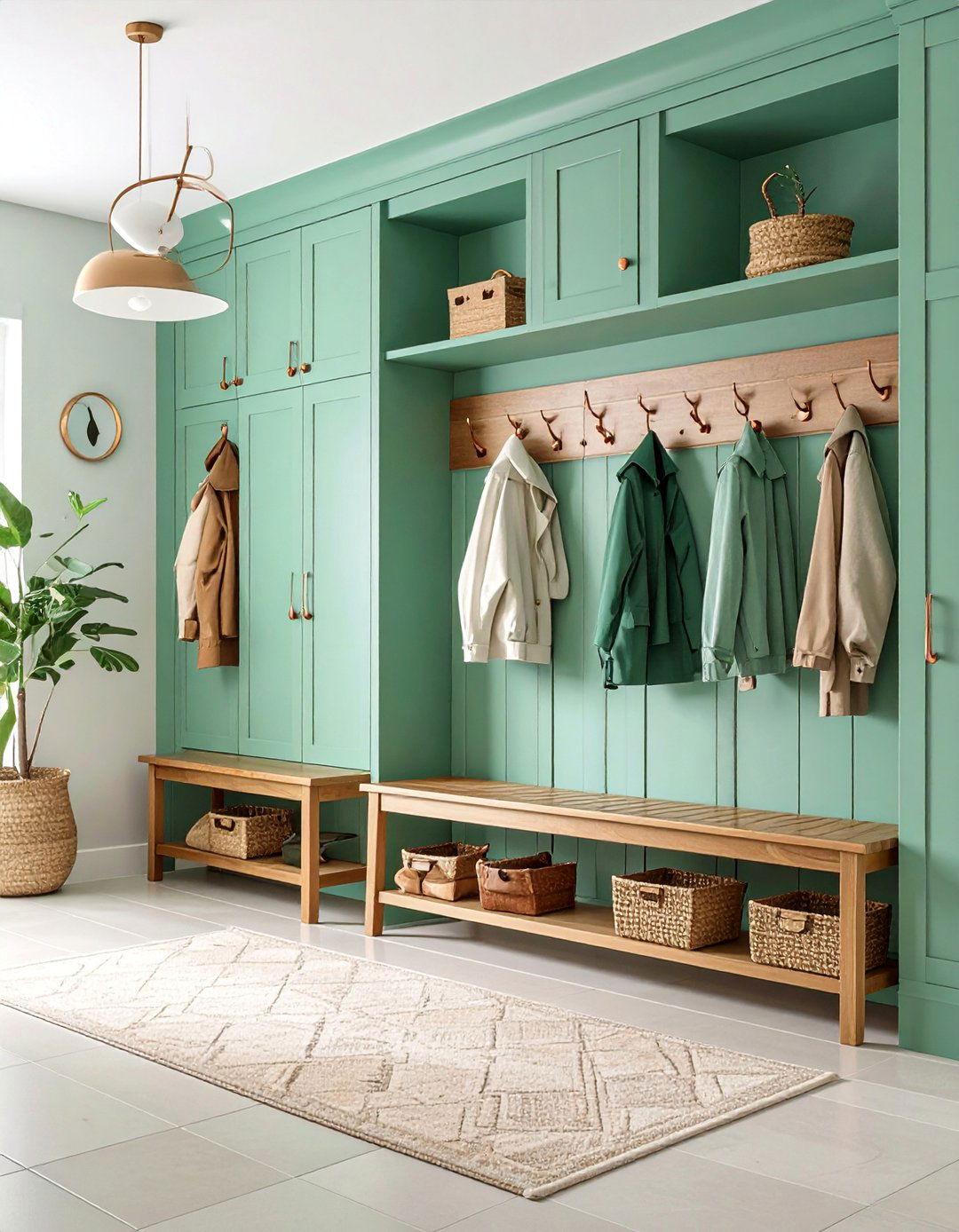 Mint Green Mudroom with Copper Hooks - 25 Green and Copper Kitchen Ideas