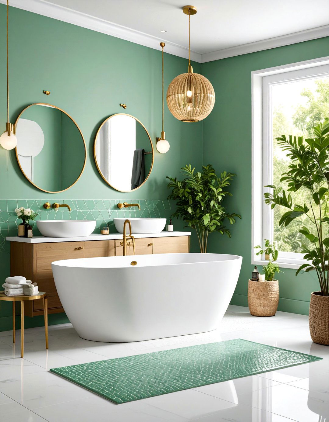Mint Green Penny Round Tiles with Champagne Gold - 25 Green and Gold Bathroom Ideas