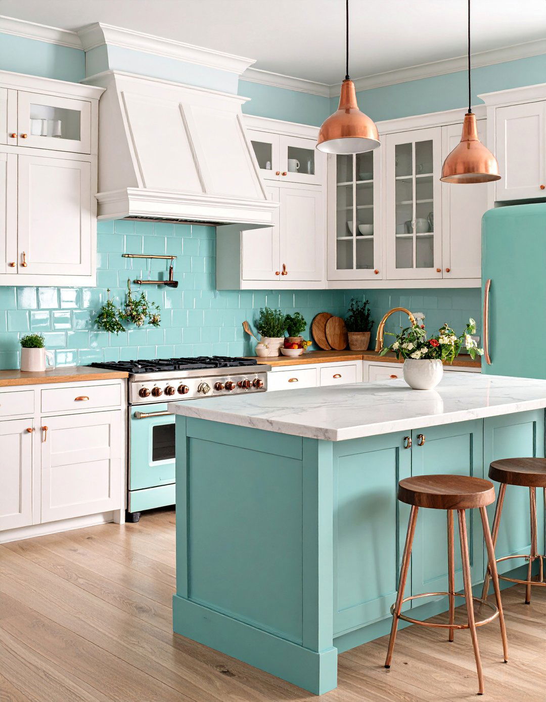Mint Green Retro Kitchen with Copper Accent Features - 25 Kitchen With Colored Appliances Ideas
