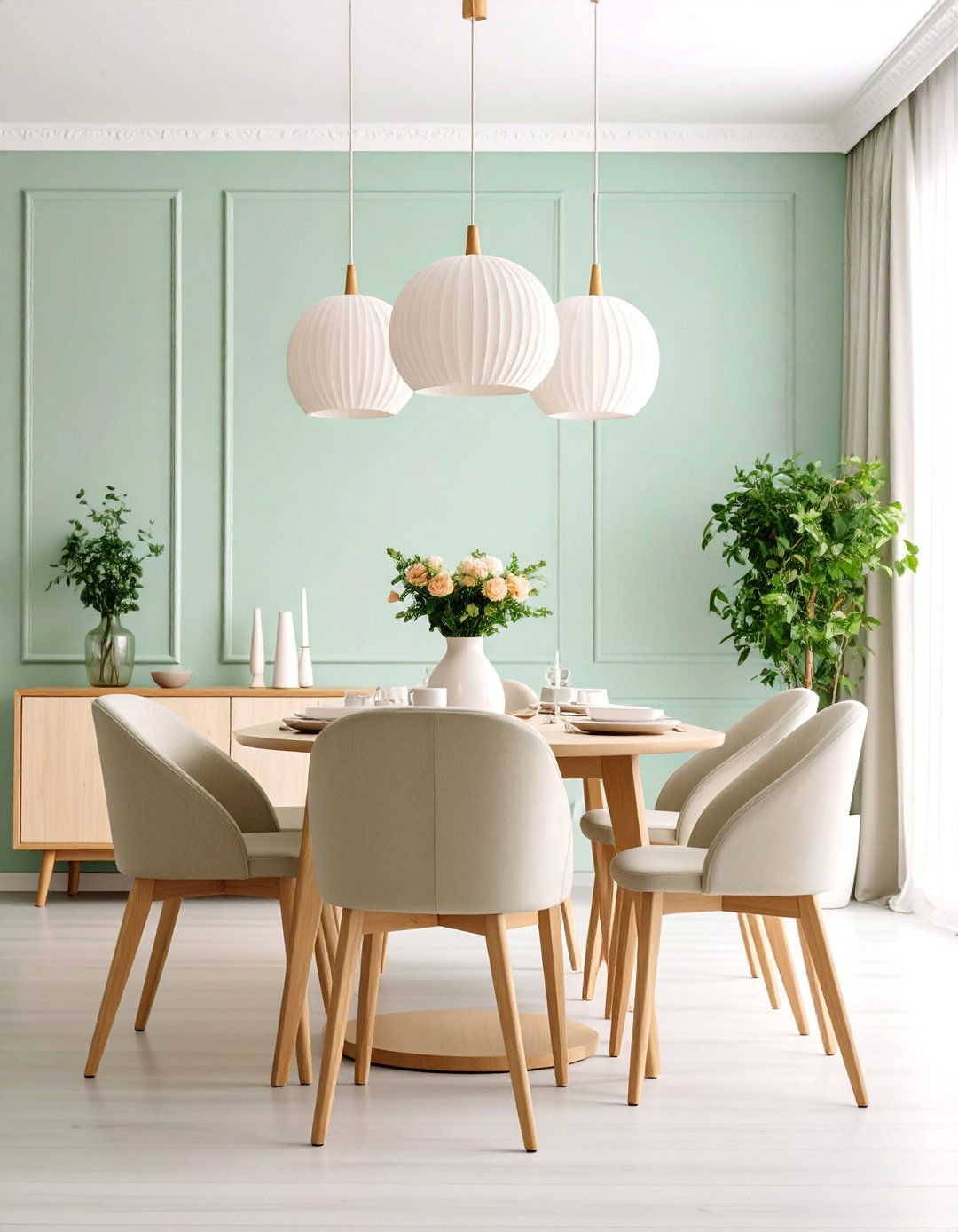 Mint Green Scandinavian Style with Light Woods - 25 Green Dining Room Ideas