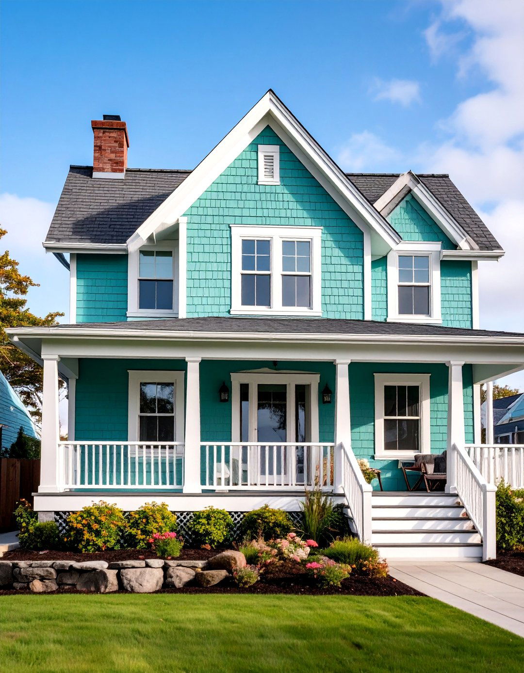Mint Green Shingle Style with Wraparound Porch - 25 Light Green House Exterior Ideas