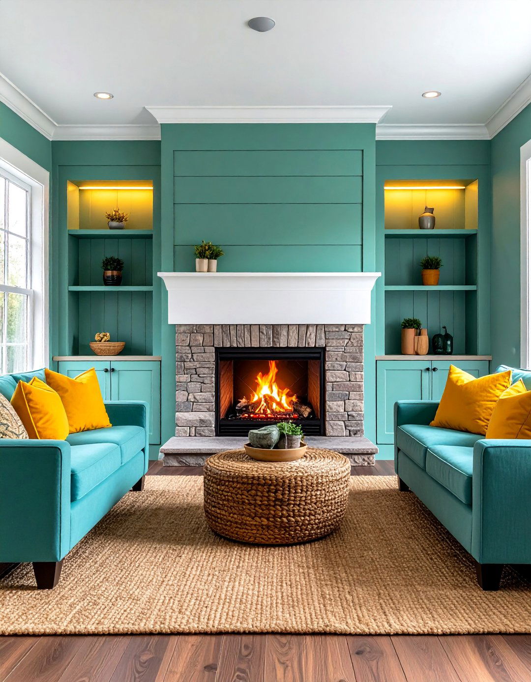 Mint Green Shiplap Fireplace Wall with Built in Storage - 25 Green Fireplace Ideas