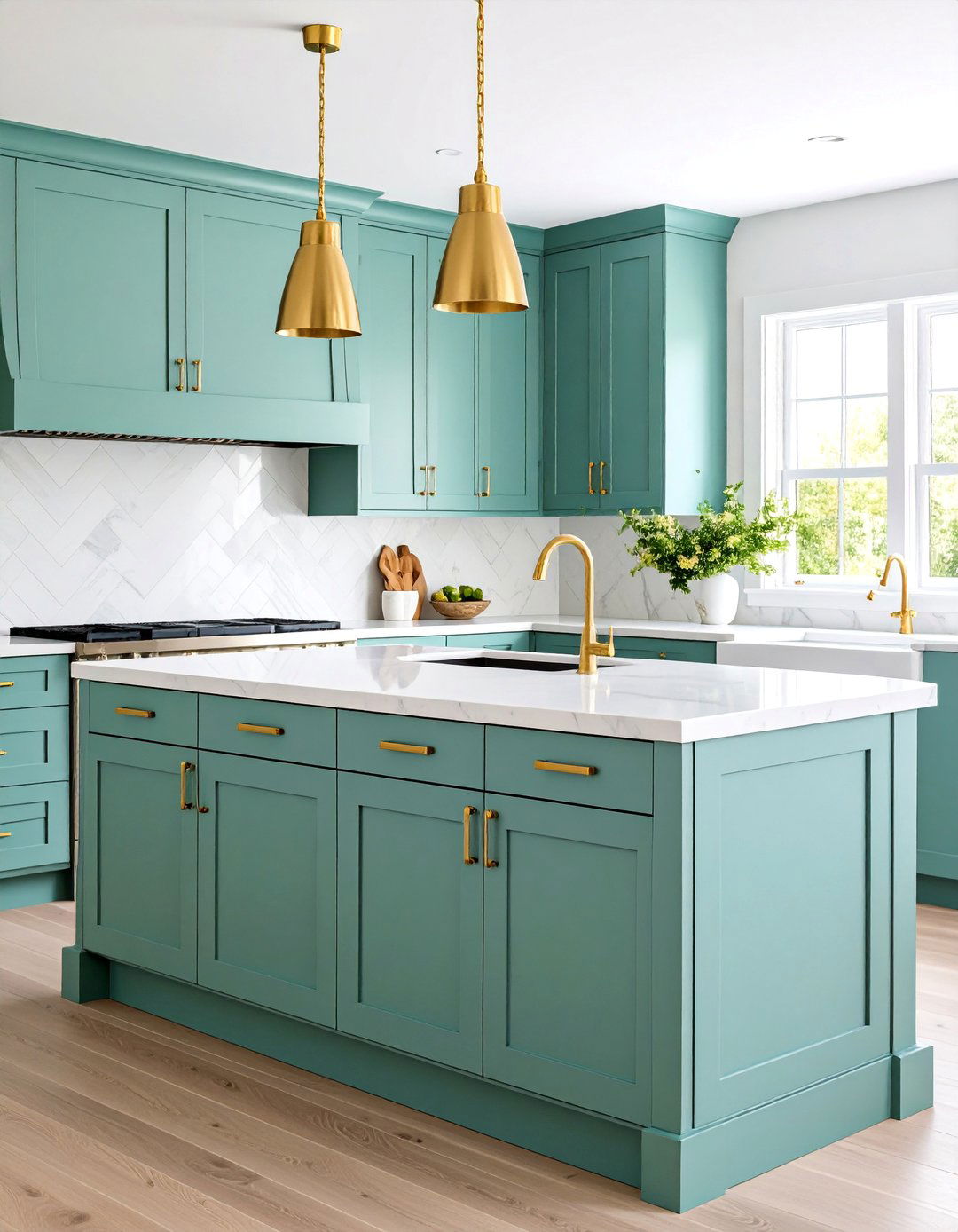 Mint Green Shiplap Island with White Quartz and Gold Hardware - 25 Kitchen Shiplap Ideas With Kitchen Island Ideas