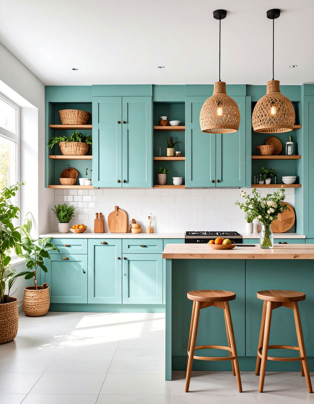Mint Green Upper Cabinets with Open Lower Storage - 25 Mint Green Kitchen Ideas