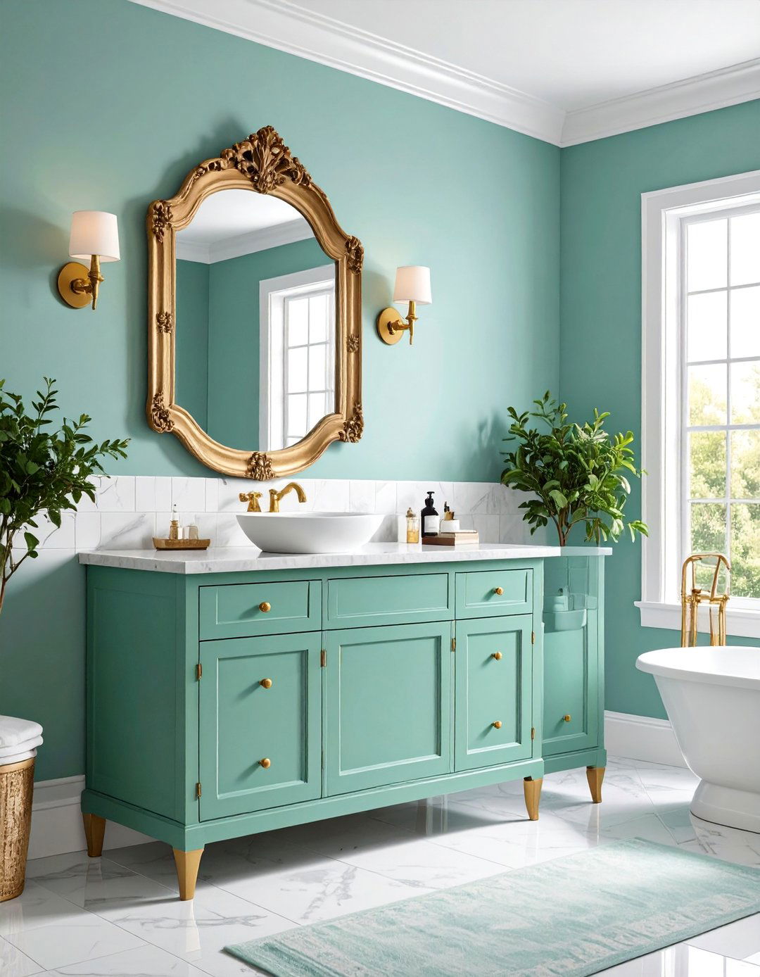 Mint Green Vanity with Antique Brass Mirror - 25 Green and Gold Bathroom Ideas