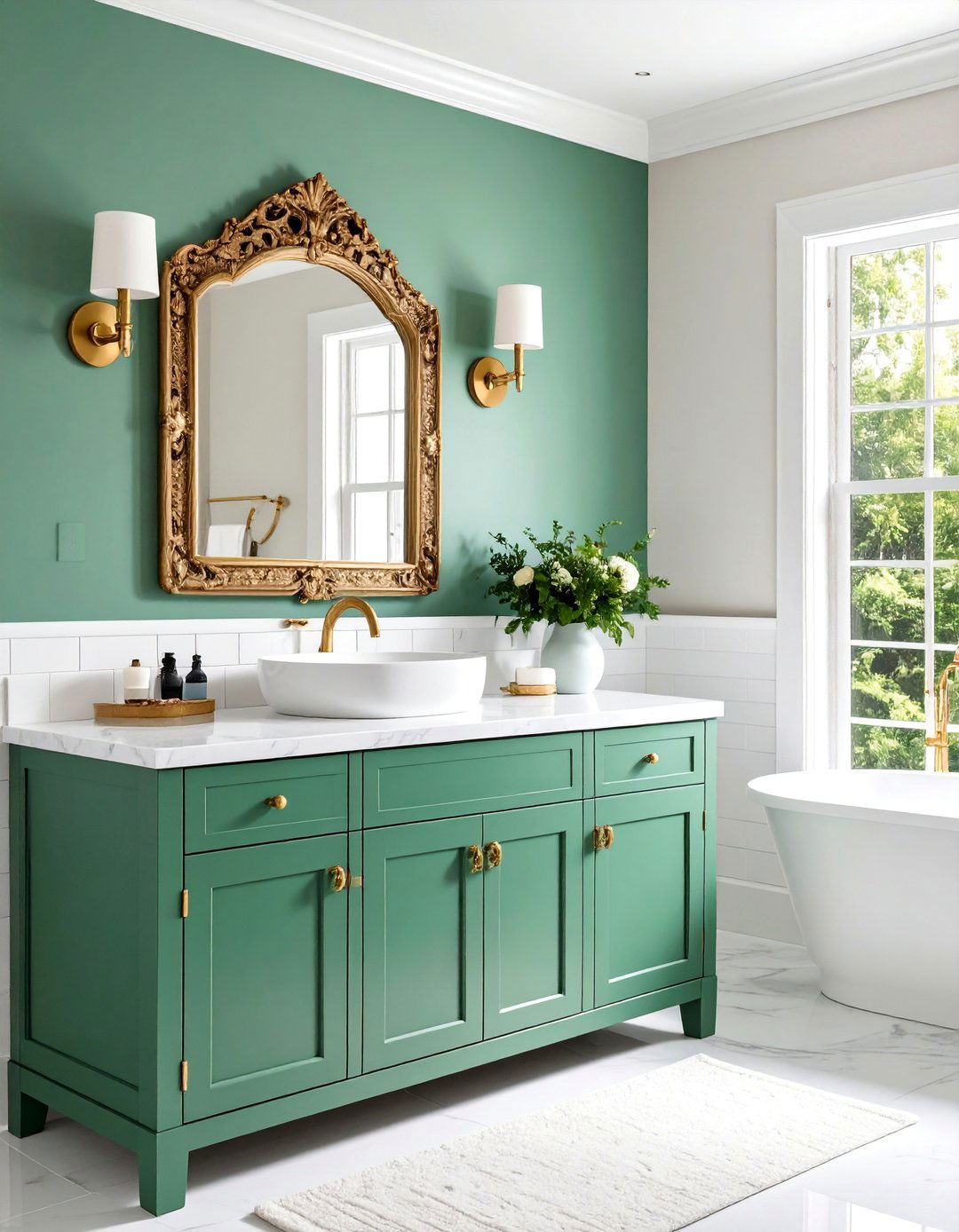 Mint Green Vanity with Marble Countertop - 25 Cottage Bathroom Ideas
