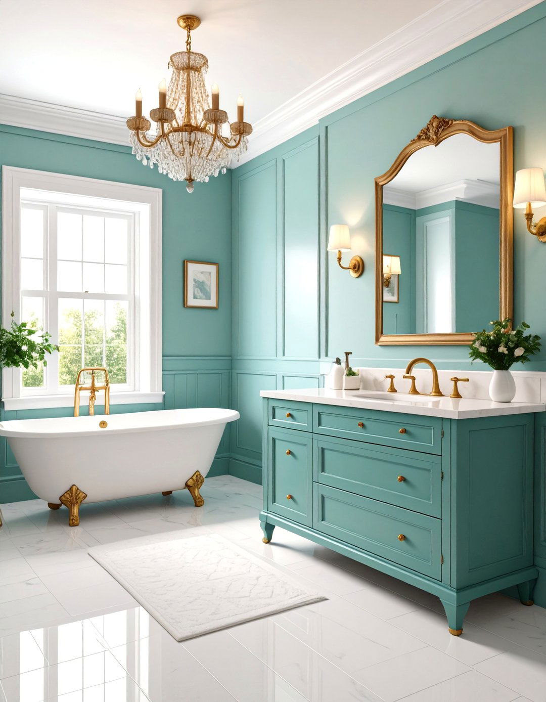 Mint Green Wainscoting with White Upper Walls - 25 Olive Green Bathroom Ideas