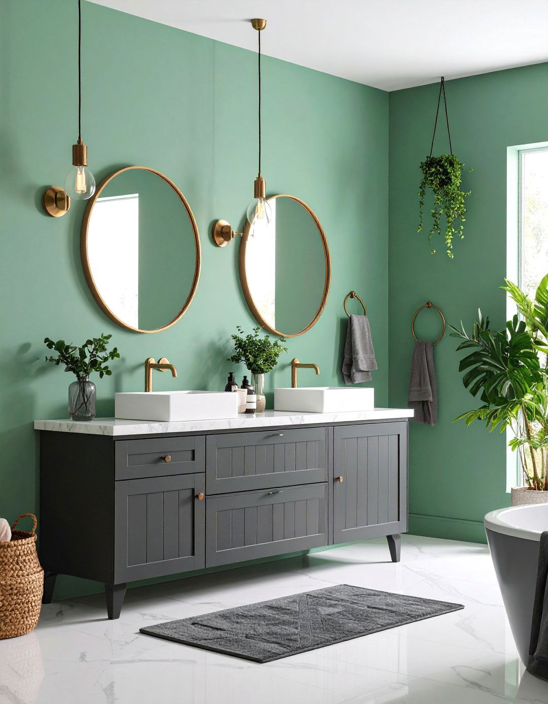 Mint Green Walls with Charcoal Gray Vanity - 25 Black and Green Bathroom Ideas