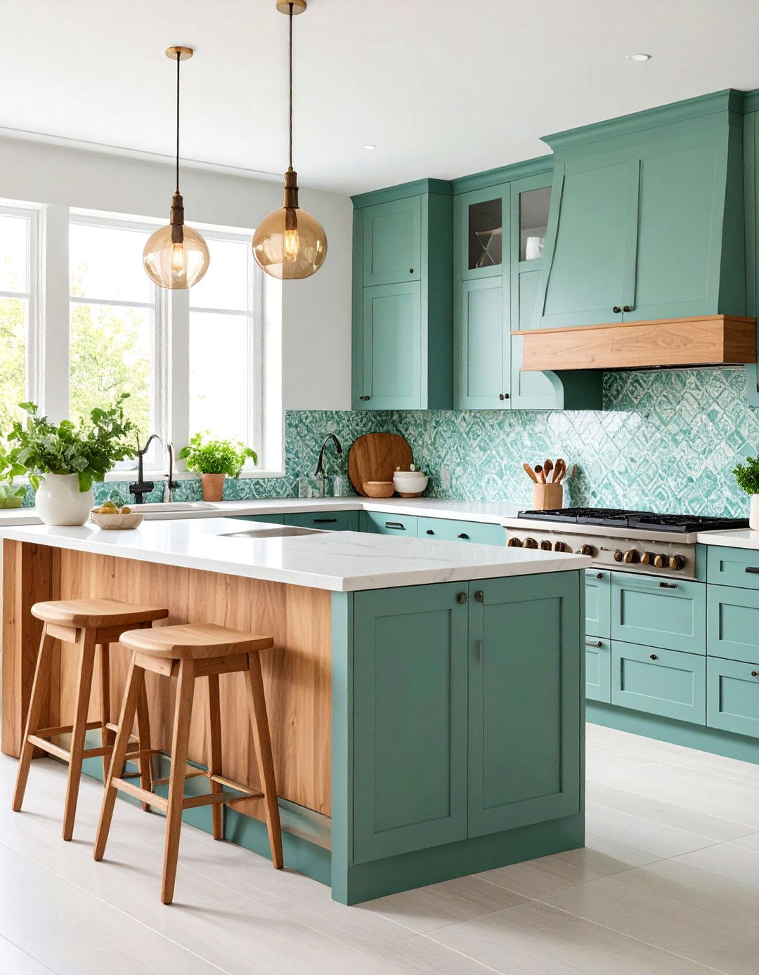 Mint Green Zellige with Natural Wood Cabinets - 25 Kitchen With Green Backsplash Ideas