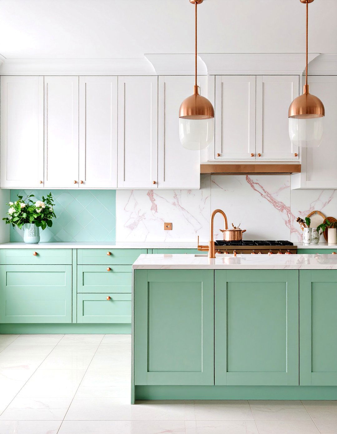 Mint Green with Rose Gold and Blush Accents - 25 Kitchen With Green Backsplash Ideas