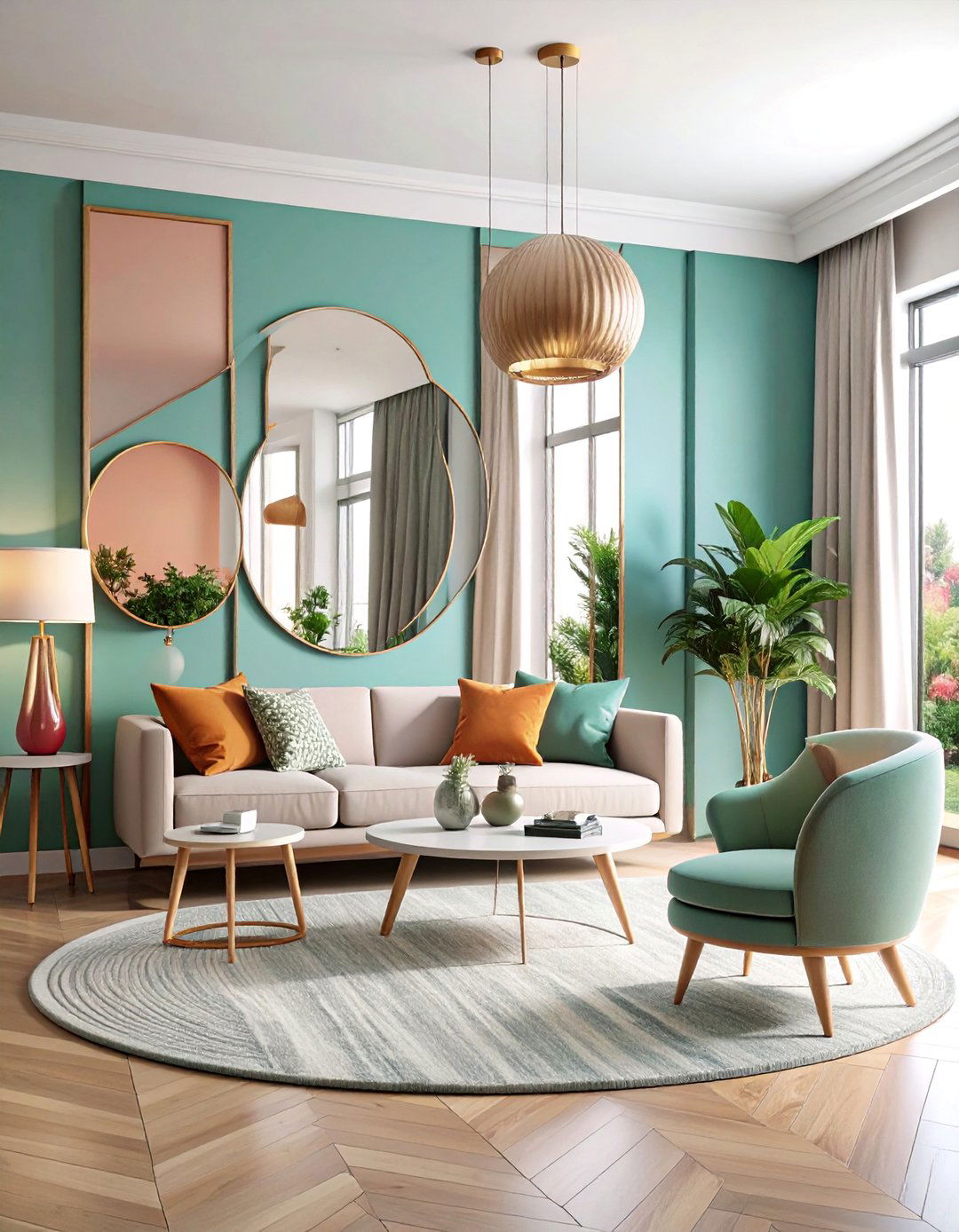 Mirror Accent Wall with Geometric Arrangement - 25 Living Room Accent Wall Ideas