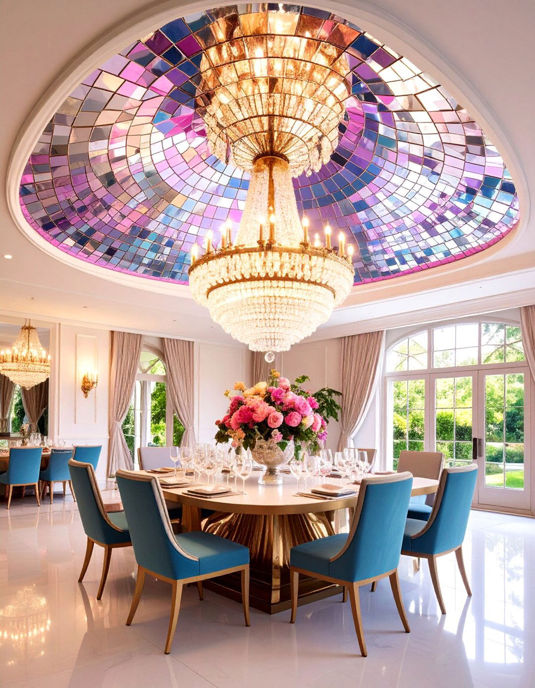 Mirror Mosaic Ceiling with Crystal Accents - 25 Dining Room Ceiling Ideas