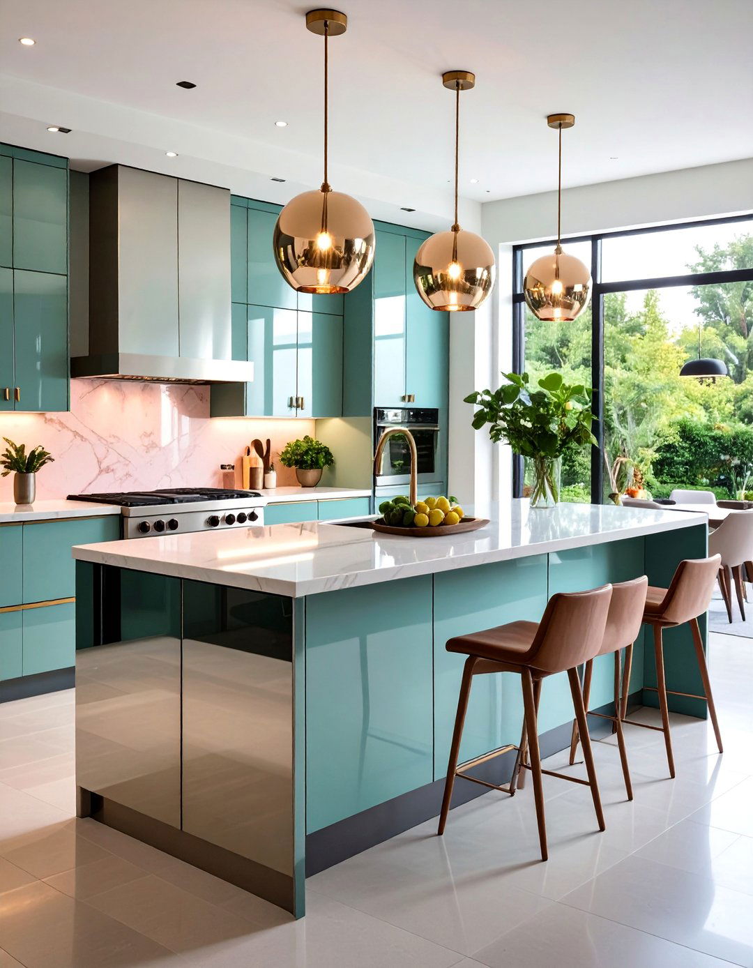 Mirror Panel Kitchen Island with Light Reflecting Elegance - 25 Kitchen Island Back Panel Ideas