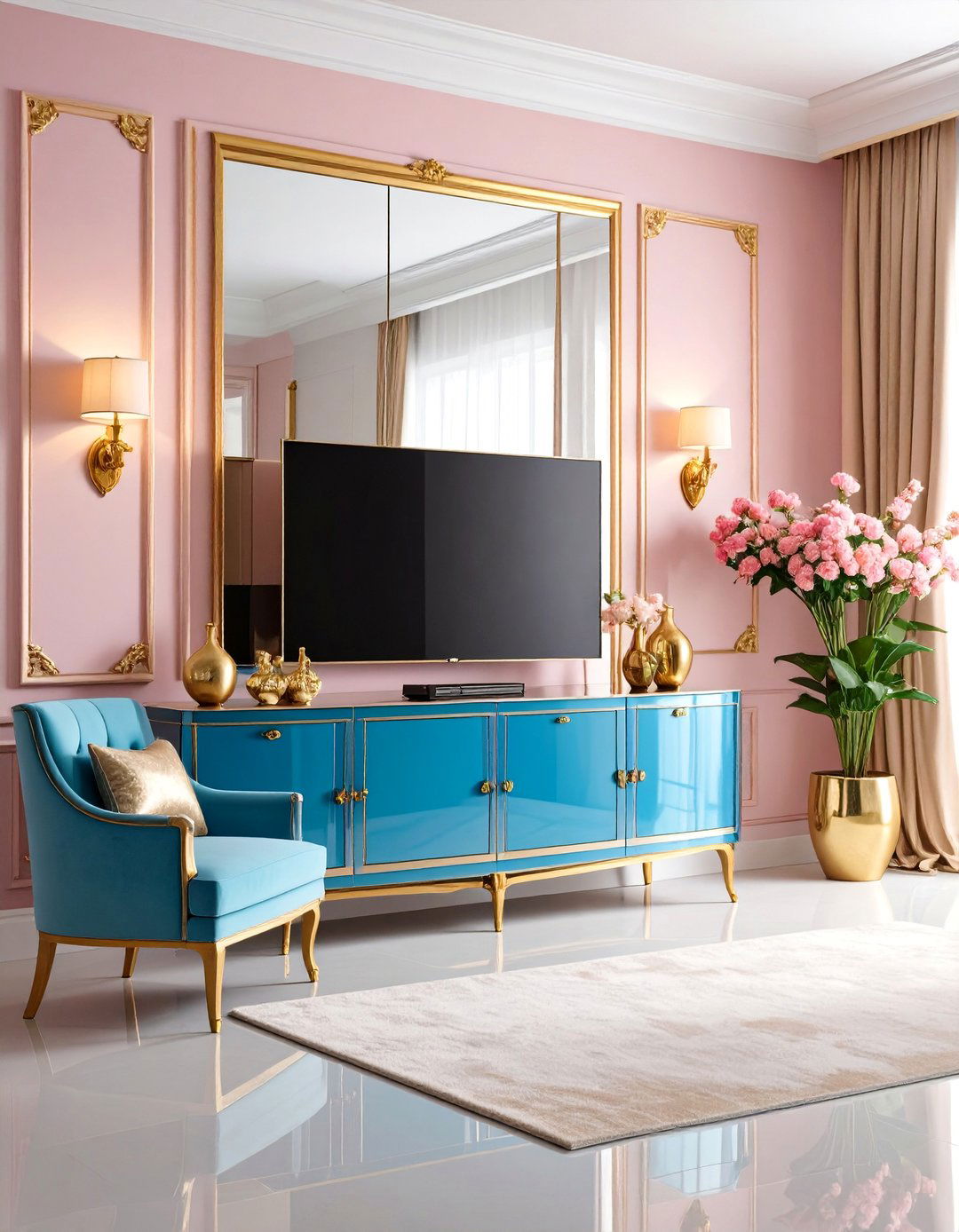 Mirror and TV Camouflage with Reflective Elements - 25 Small Living Room Ideas With Tv