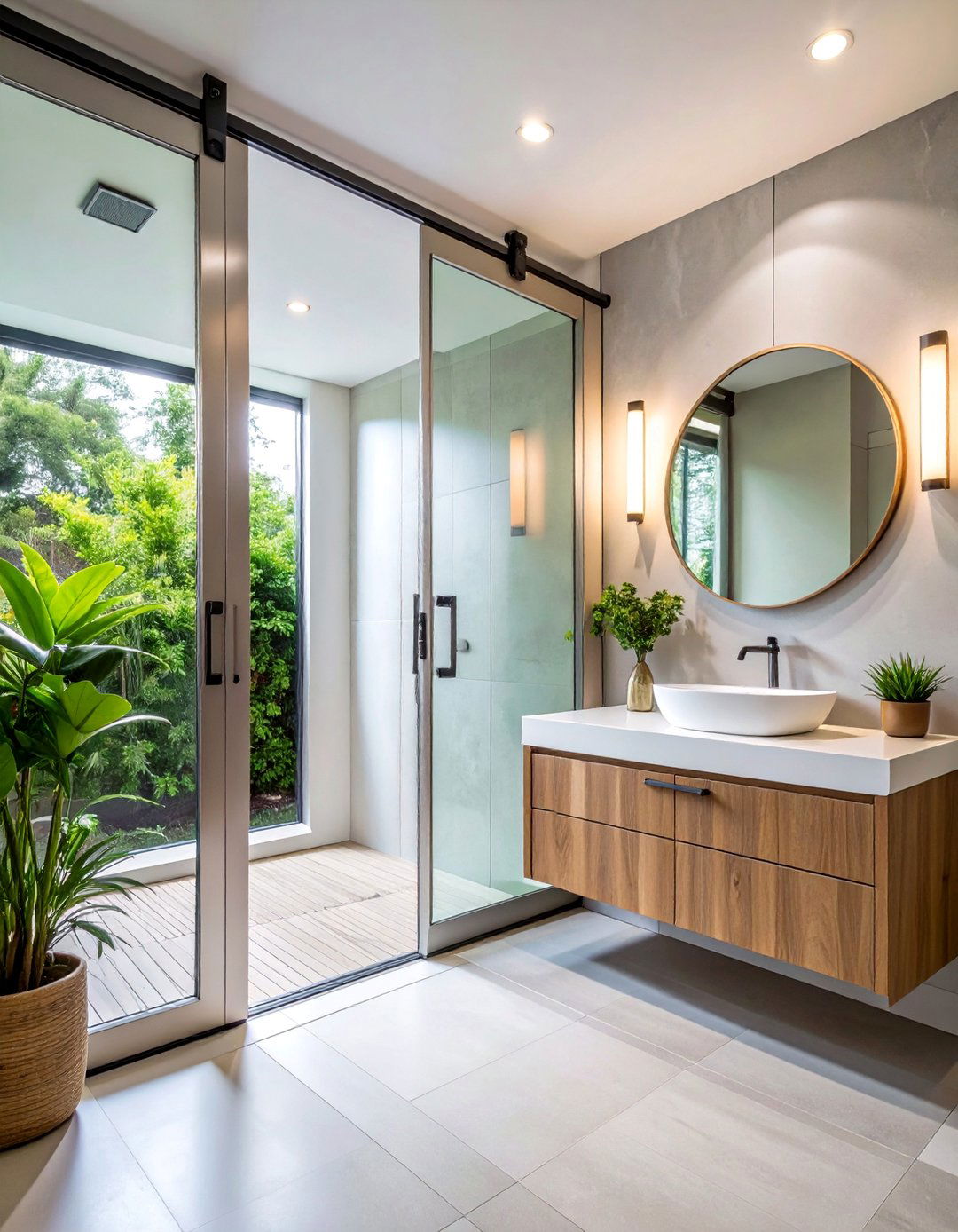 Mirrored Barn Door with Stainless Steel Track - 25 Bathroom Barn Door Ideas