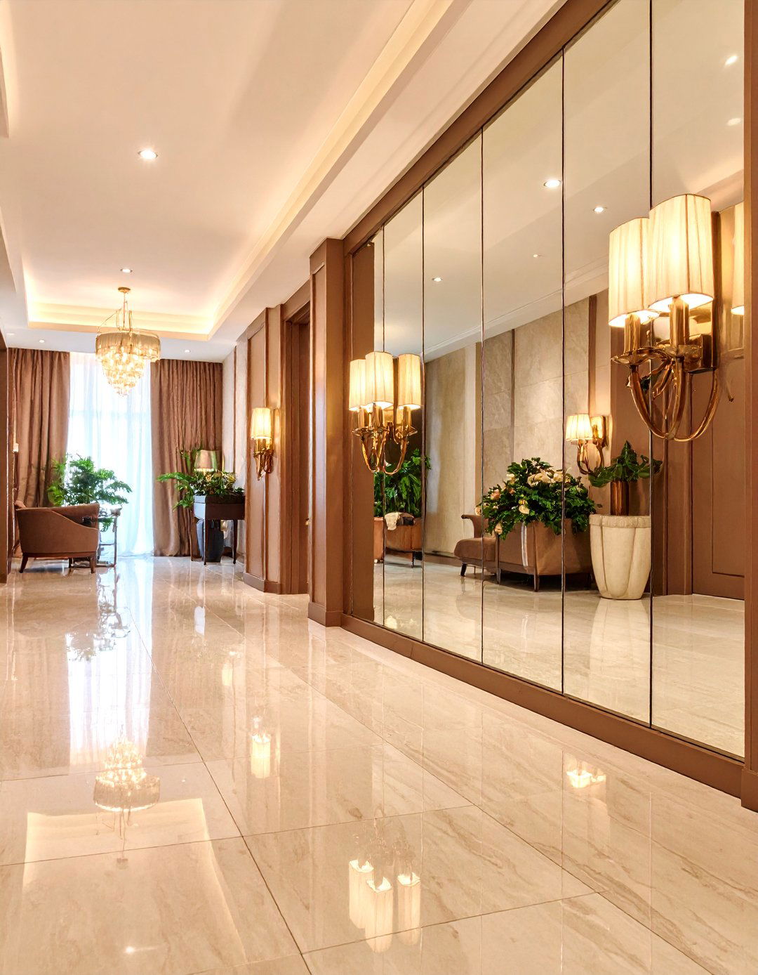 Mirrored Wall Illusion with Strategic Lighting - 25 small apartment decorating ideas
