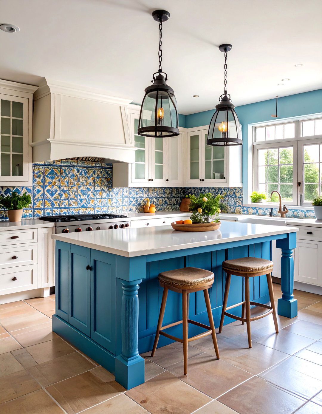 Mission Style White Cabinets with Cerulean Blue Island - 25 White Kitchen Cabinets With Blue Island