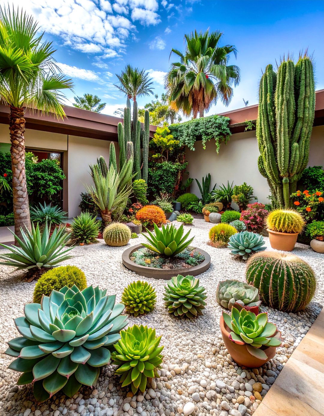 Mixed Aggregate Courtyard with Succulent Displays - 25 Rock Landscaping Ideas