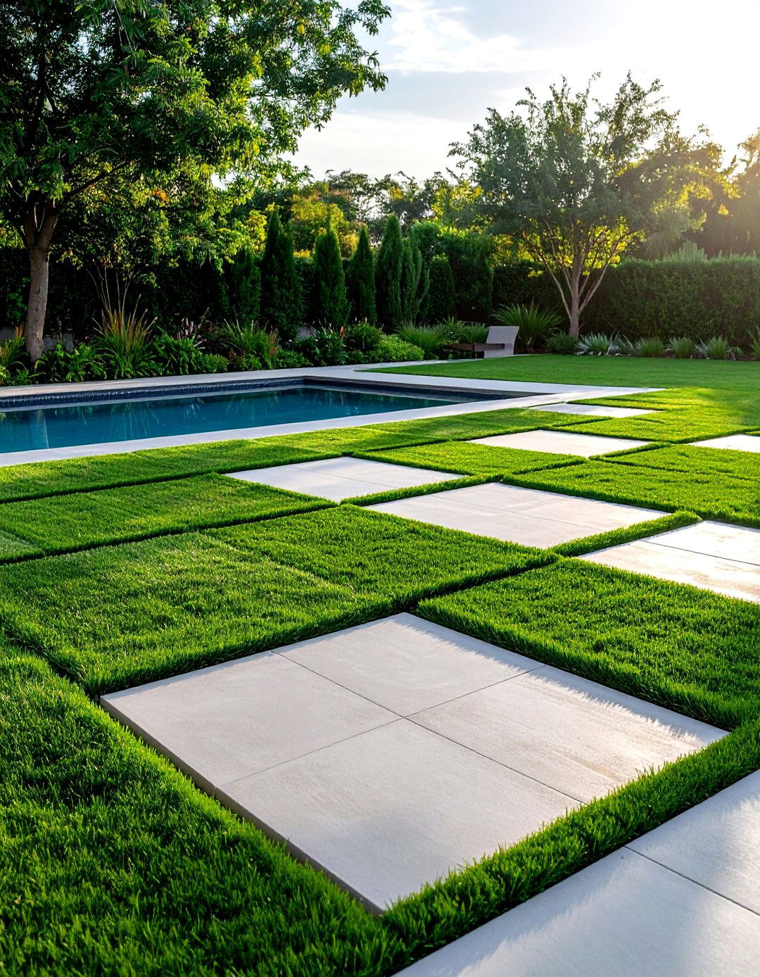 Mixed Concrete and Grass Deck Design - 25 Concrete Pool Deck Ideas