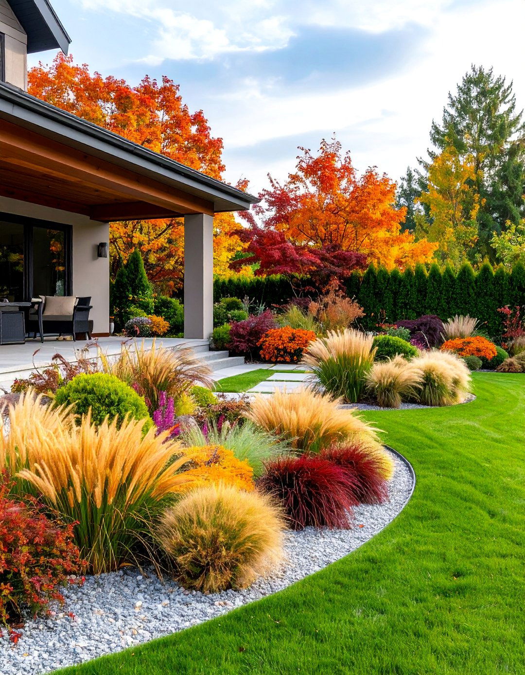 Mixed Evergreen and Ornamental Grass Display - 25 Front Yard Evergreen Landscaping Ideas