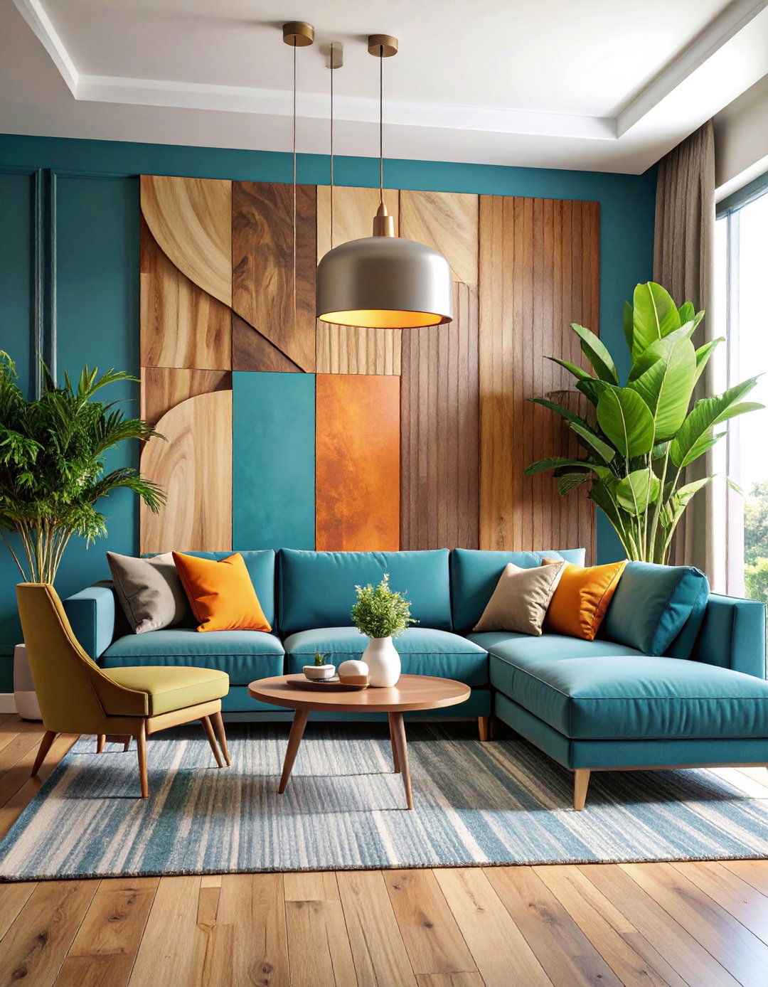 Mixed Material Accent Wall with Layered Textures - 25 Living Room Accent Wall Ideas