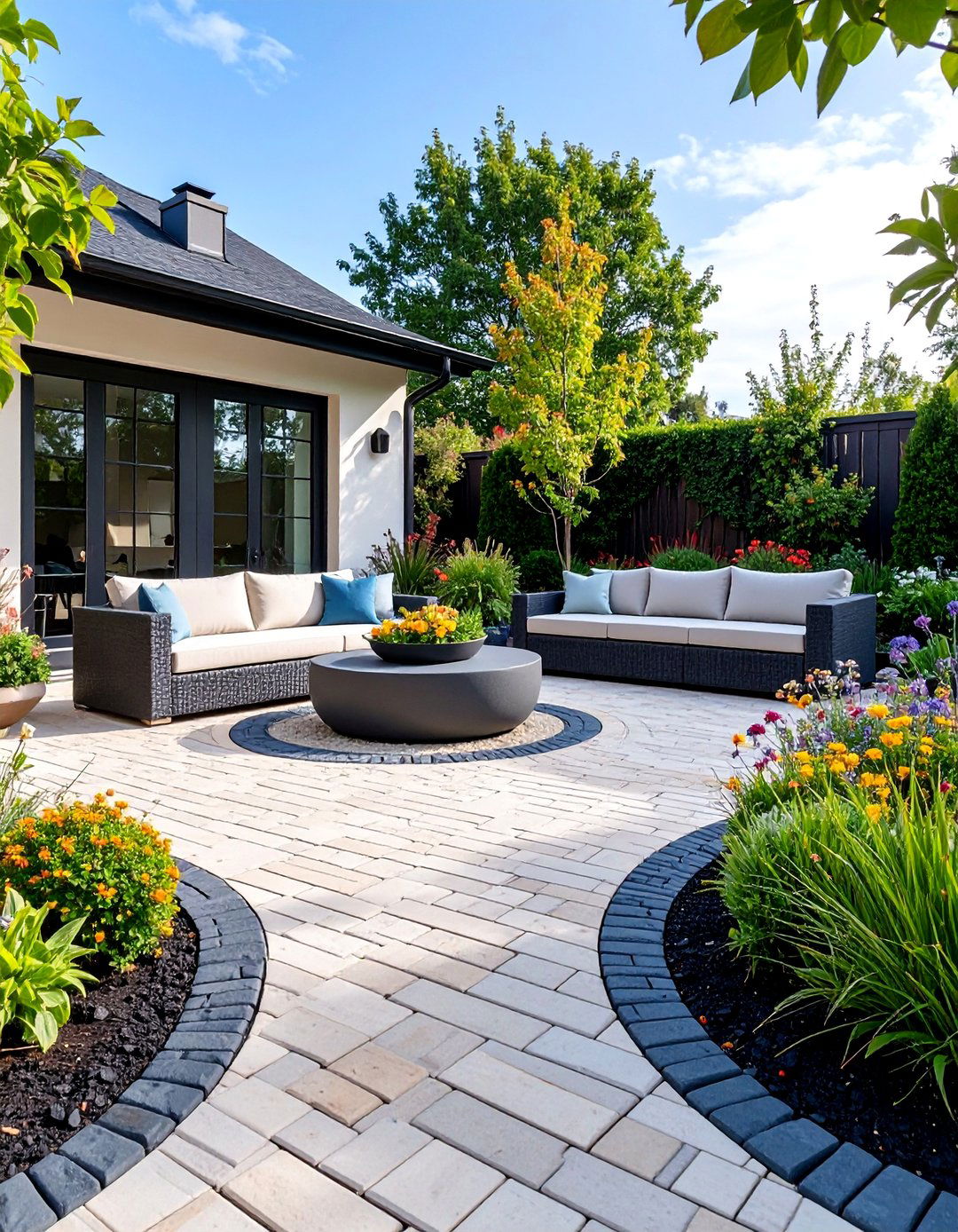 Mixed Material Cobblestone Patio with Basket Weave Border - 25 cobblestone patio ideas