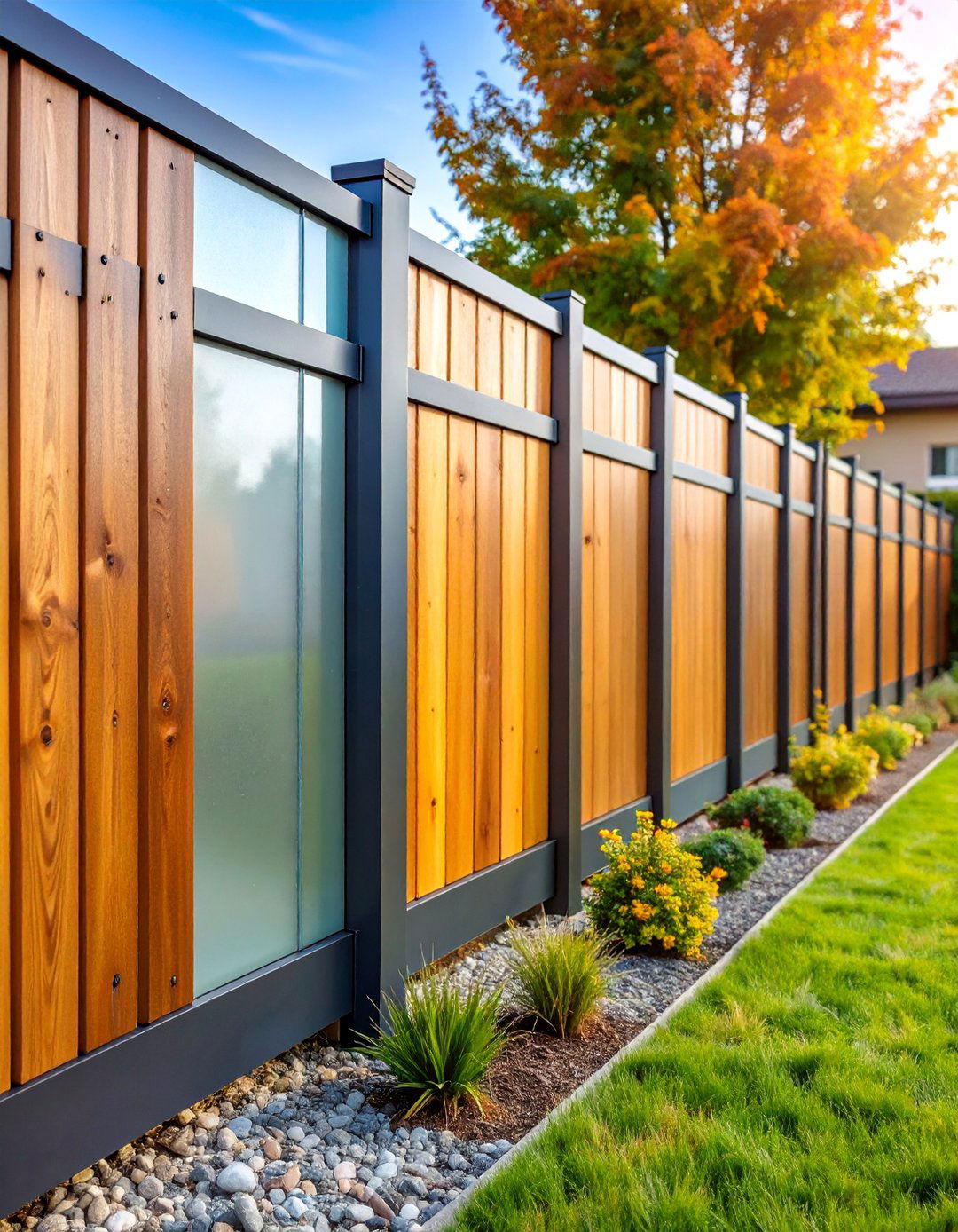 Mixed Material Fence with Wood Metal and Glass Panels - 25 Decorative Fence Ideas