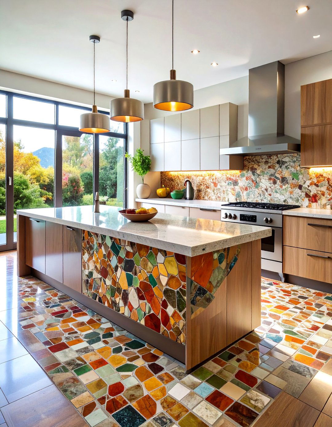 Mixed Material Glass and Stone Mosaic - 25 White Cabinet Kitchen Backsplash Ideas