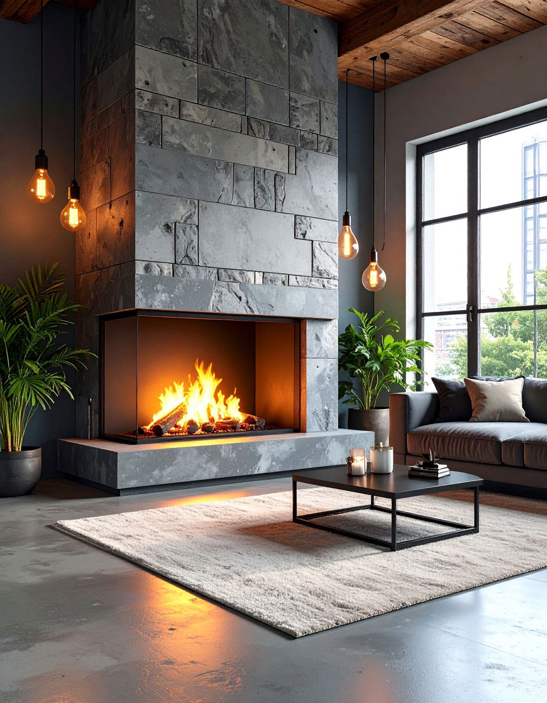 Mixed Material Industrial Fireplace - 25 Stone Fireplace Ideas