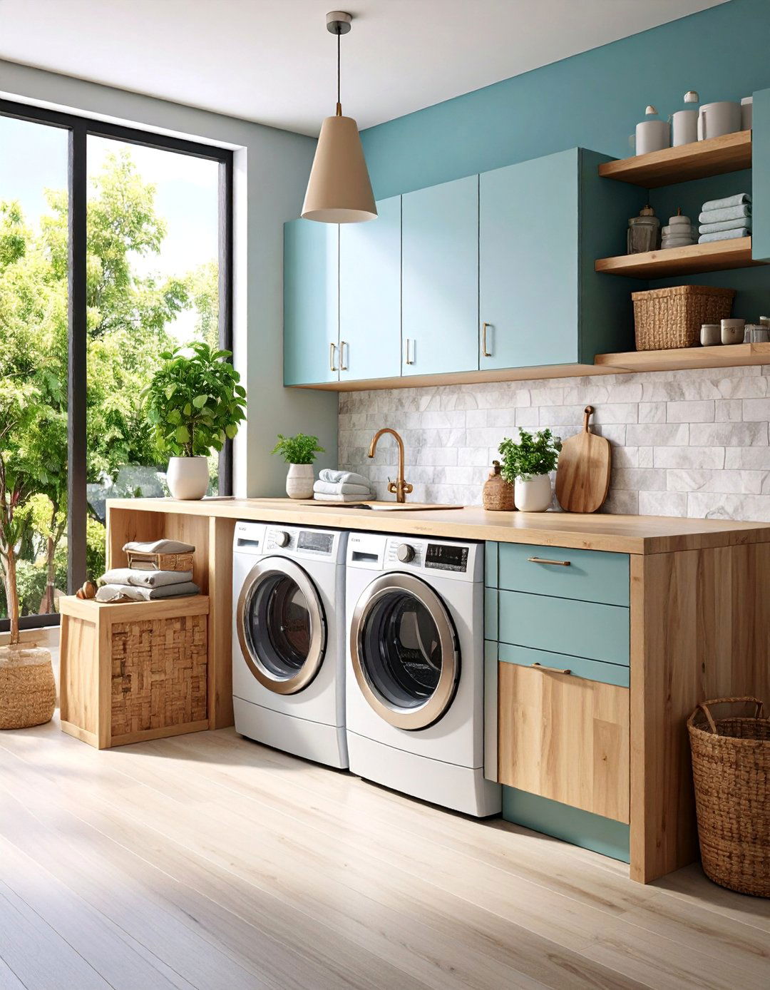 Mixed Material Laundry Room Countertops with Wood and Stone - 25 Laundry Room Countertop Ideas