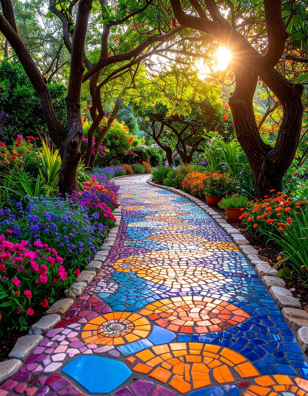 Mixed Material Mosaic Walkway with Cultural Stone Accents - 25 Sloped Walkway Ideas