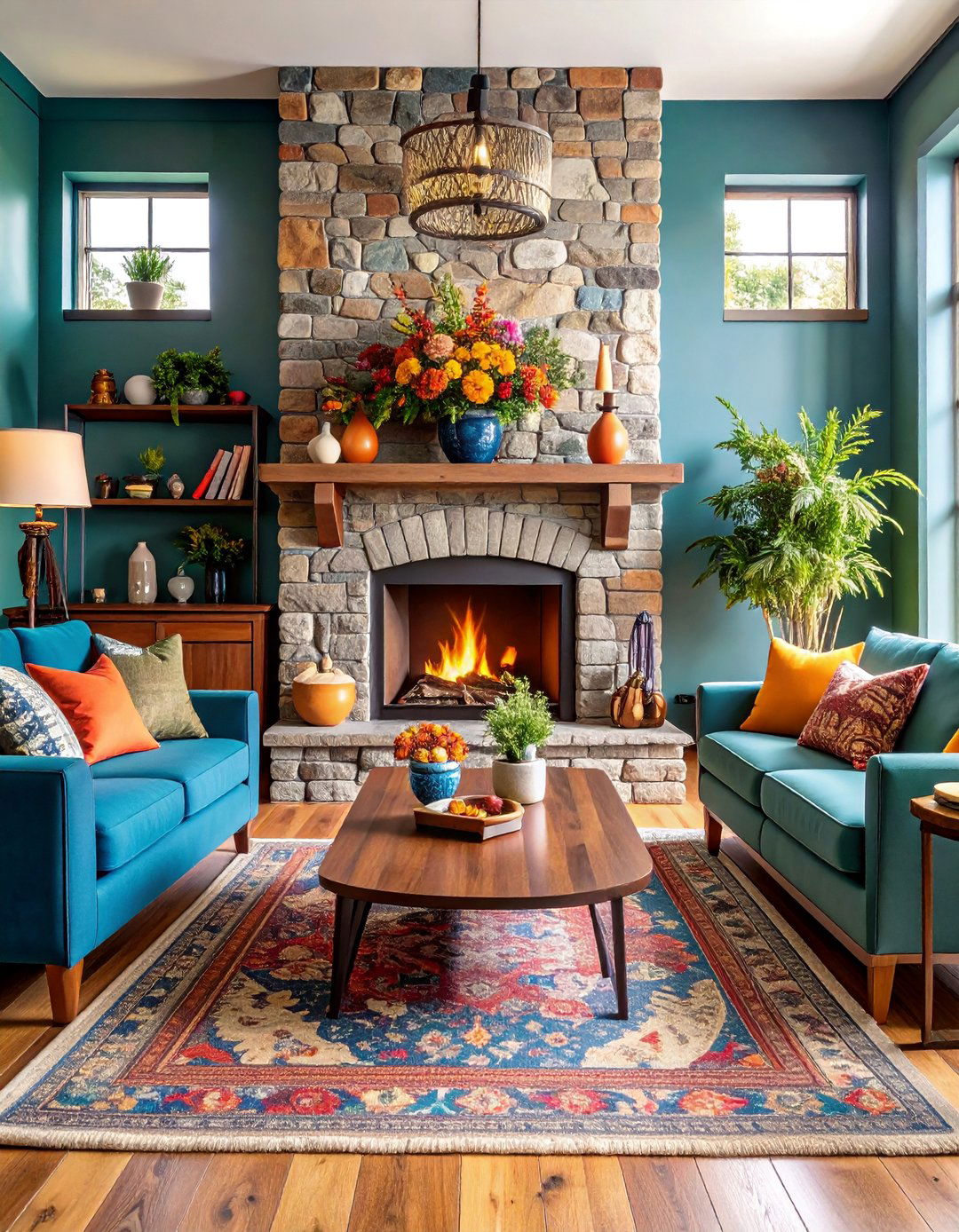 Mixed Material Rustic Fireplace with Eclectic Decor - 25 Rustic Fireplaces