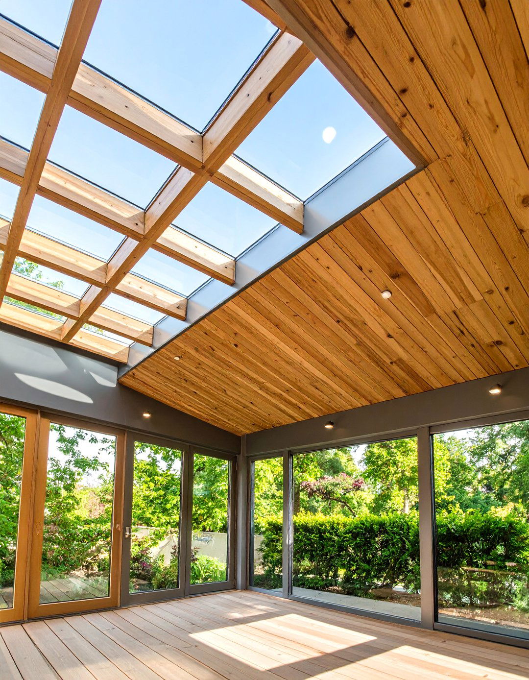 Mixed Material Sunroom Ceiling with Wood and Metal Accents - 25 Sunroom Ceiling Ideas