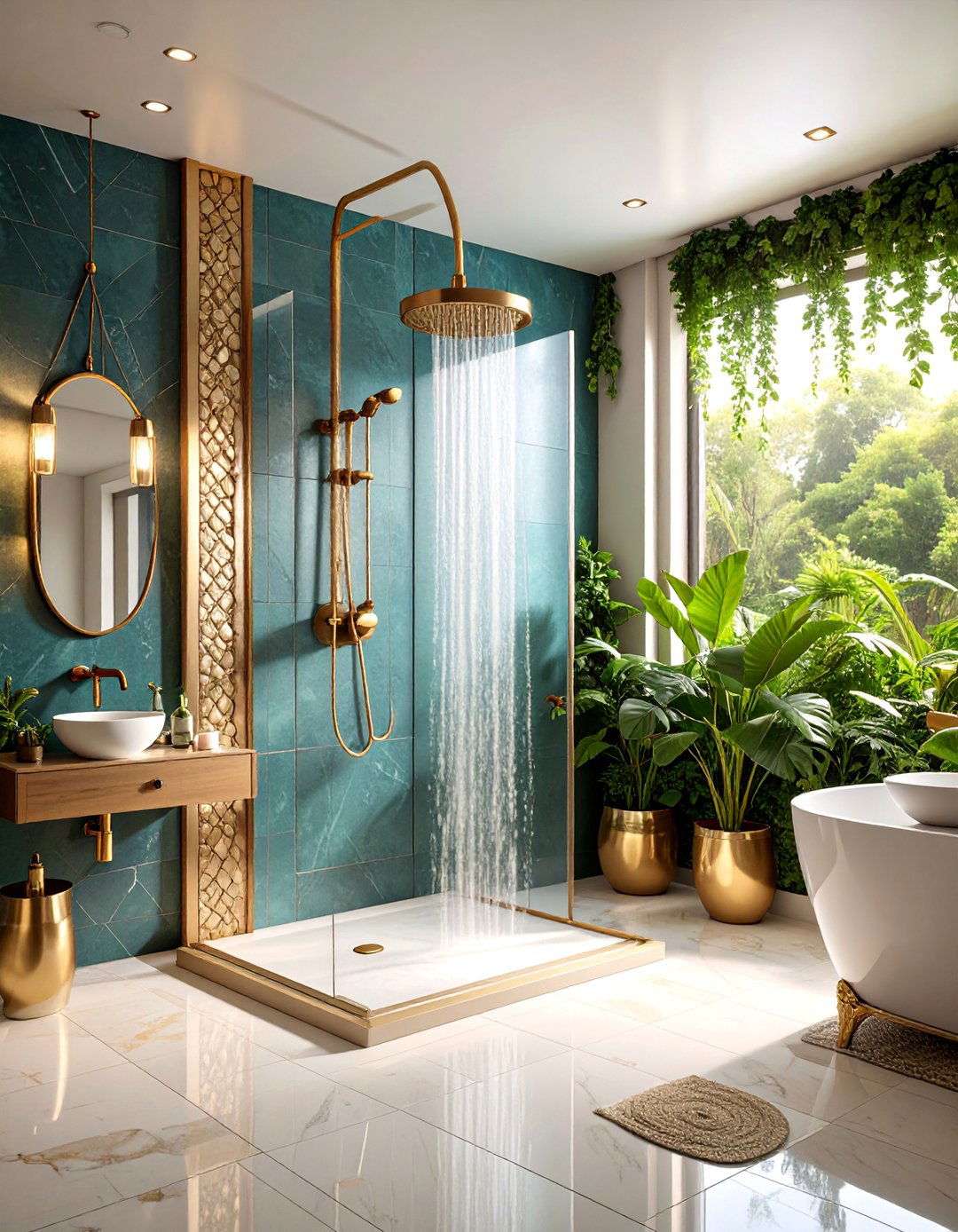 Mixed Metal Accent Shower with Textured Walls - 25 Bathroom Shower Ideas