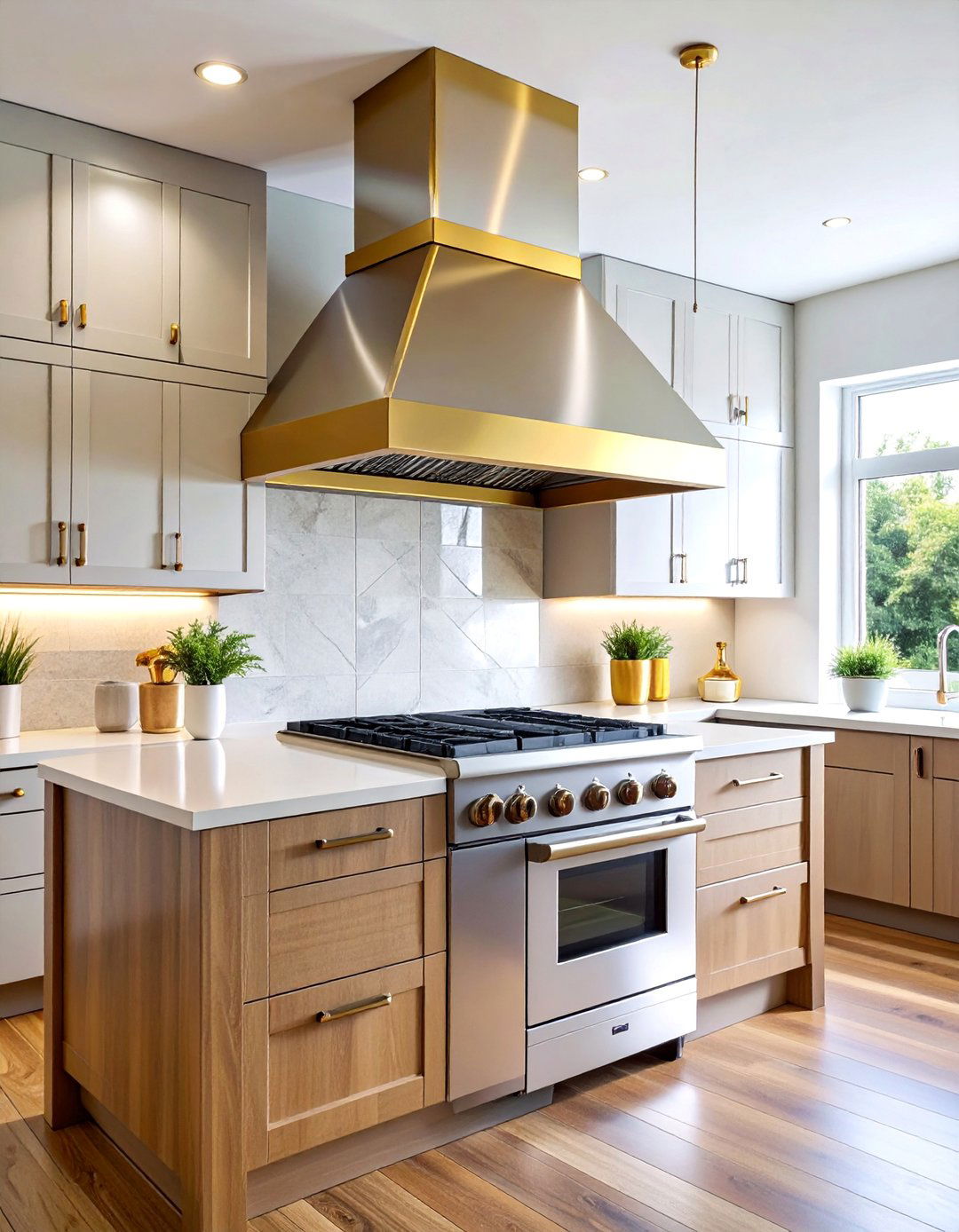Mixed Metal Range Hood with Brass and Steel Accents - 25 Range Hood Ideas