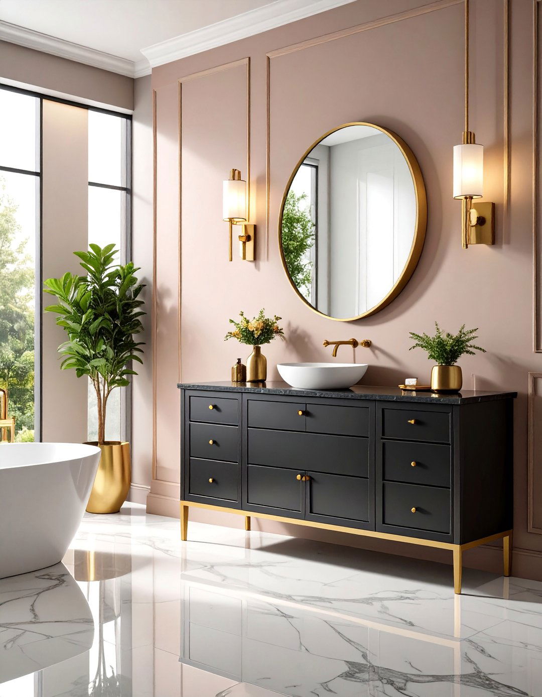 Mixed Metals Black Powder Room with Gold and Silver Accents - 25 black and gold powder room ideas