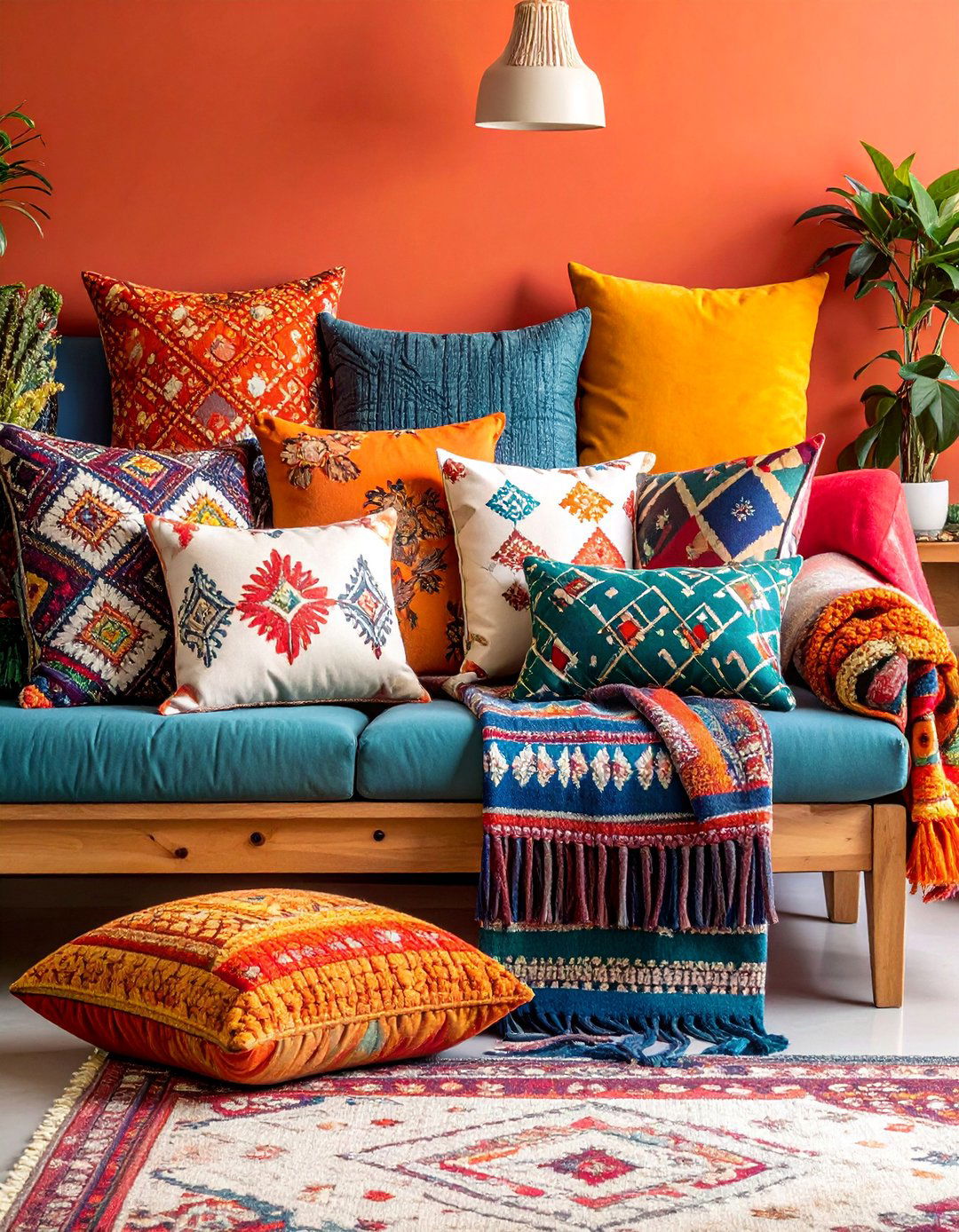 Mixed Pattern Pillow and Throw Combination - 25 Boho Decor Ideas
