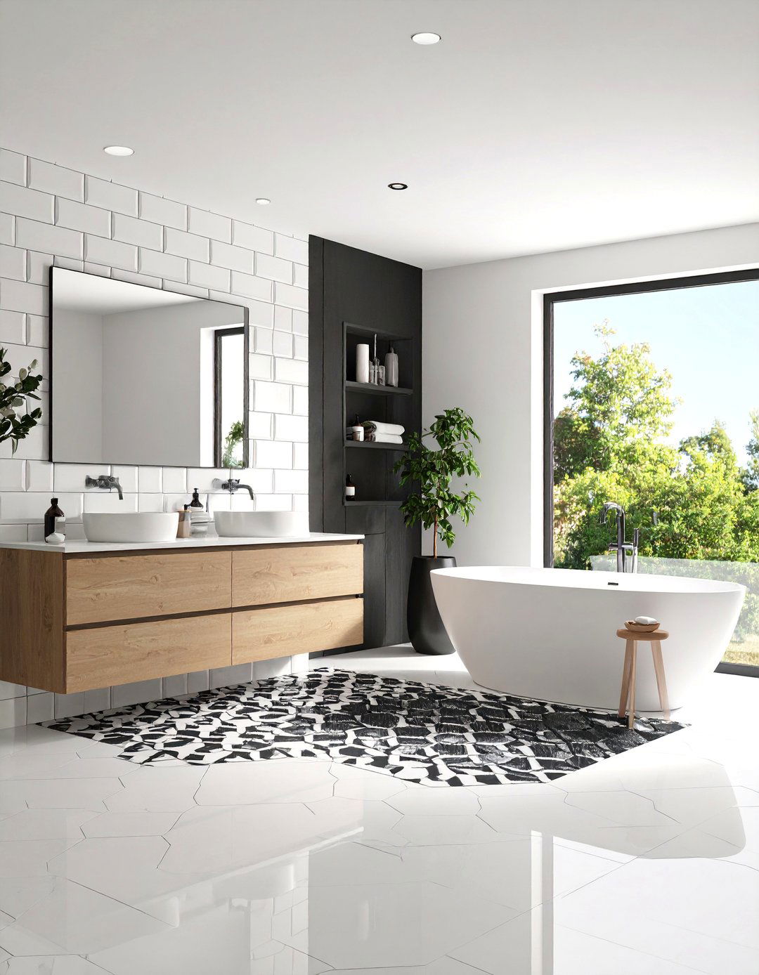 Mixed Pattern Tile Combination - 25 Black and White Bathroom Ideas