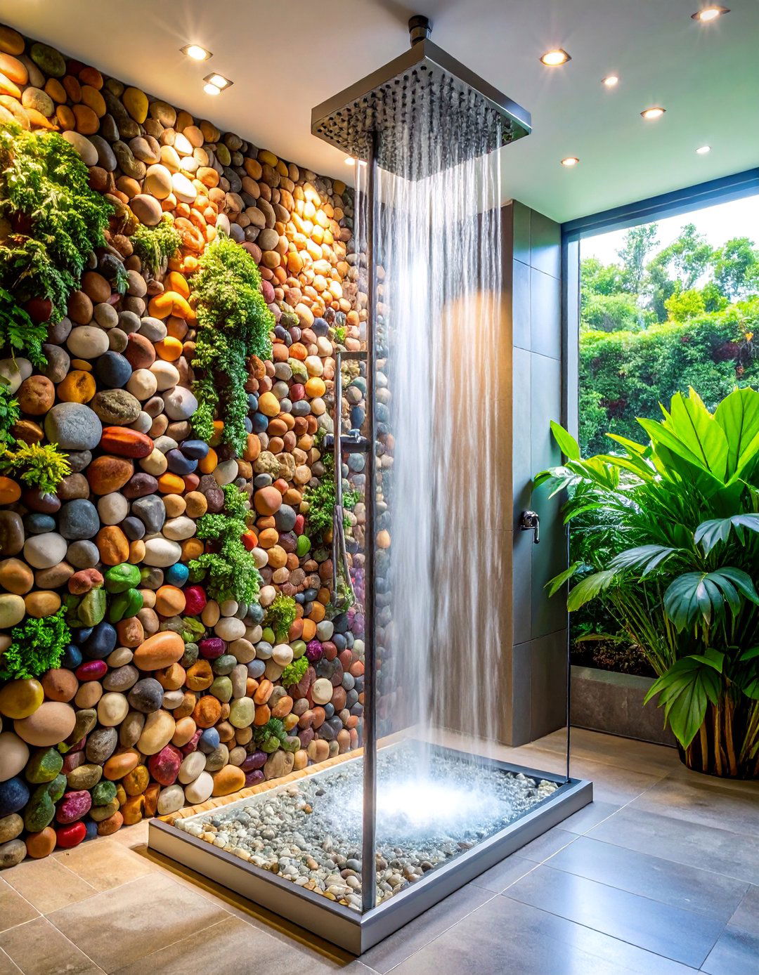 Mixed Pebble Shower Wall Accent with Gradient Color Flow - 25 Stone Shower Design Ideas